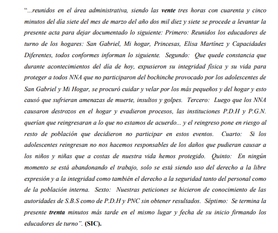  Transcripción del acta no. 67-2017, escrita y firmada por el personal del Hogar “Seguro”. Foto: archivo Prensa Comunitaria. 